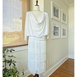 Vintage 1970s Pat‎ Richards by Michael Maiello Dress Womens Size 10 White Fringe